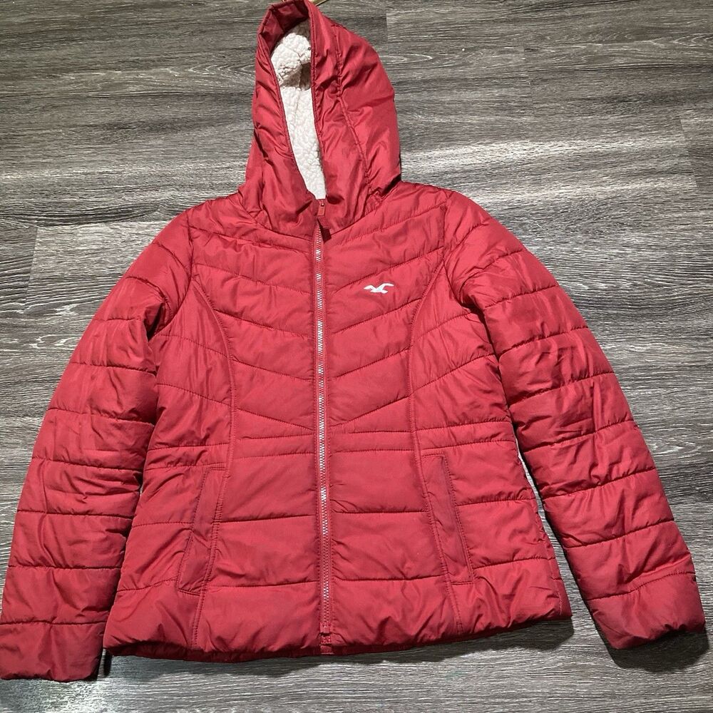 Hollister Jacket Womens Medium Red Sherpa Fleece Lined Puffer Quilted Coat Y2K